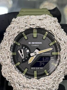 G-Shock Green and Black Digital-Analog Watch with Diamonds -Encrusted Bezel